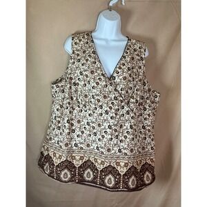 Fashion Bug Faux Wrap Top Womens 22/24W Brown Floral Cotton Excellent Boho Tank